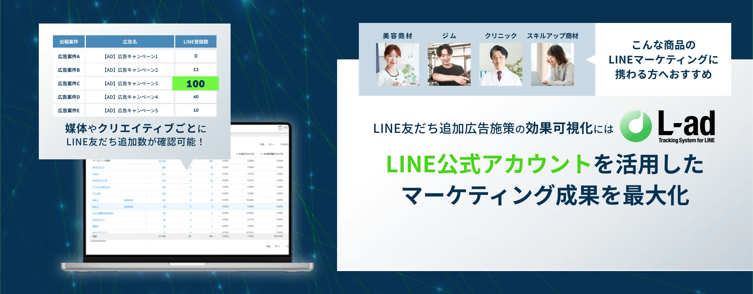 こんな商品の
LINEマーケティングに
携わる方へおすすめ、LINE友だち追加広告施策の効果可視化にはL-adLINE公式アカウントを活用したマーケティング成果を最大化