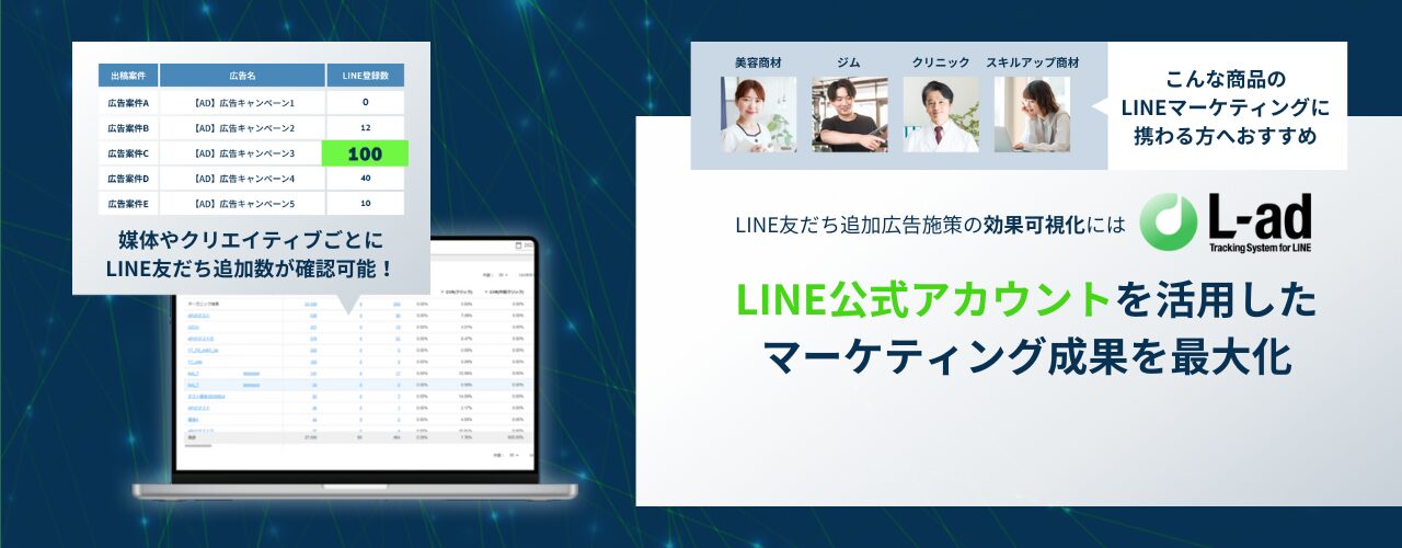 こんな商品のLINEマーケティングに携わる方へおすすめ、LINE友だち追加広告施策の効果可視化にはL-adLINE公式アカウントを活用したマーケティング成果を最大化